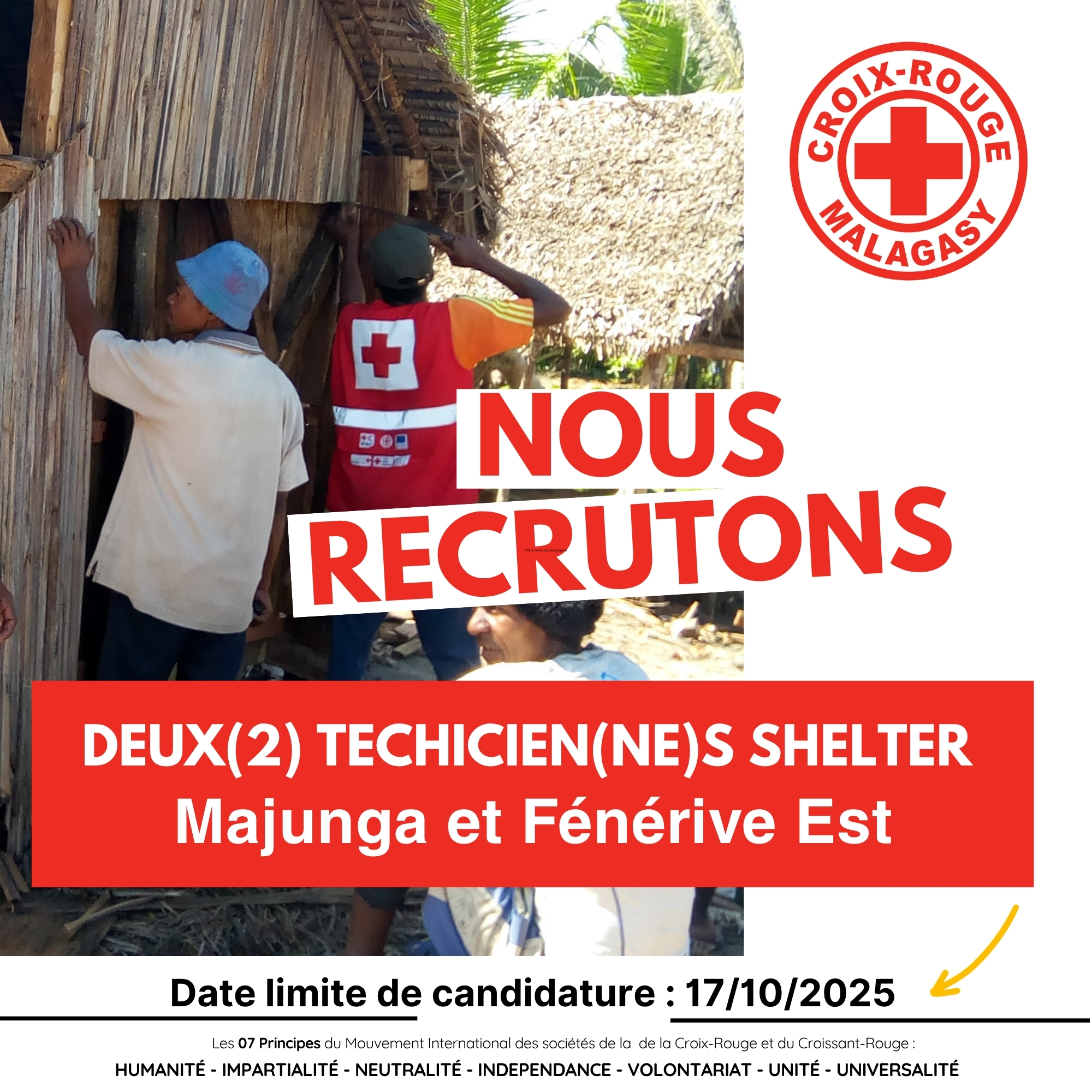 AVIS DE RECRUTEMENT « DEUX (02) TECHNICIEN(NE)S Shelter basés à Majunga (Boeny) et Fenerive Est (Analanjirofo) »